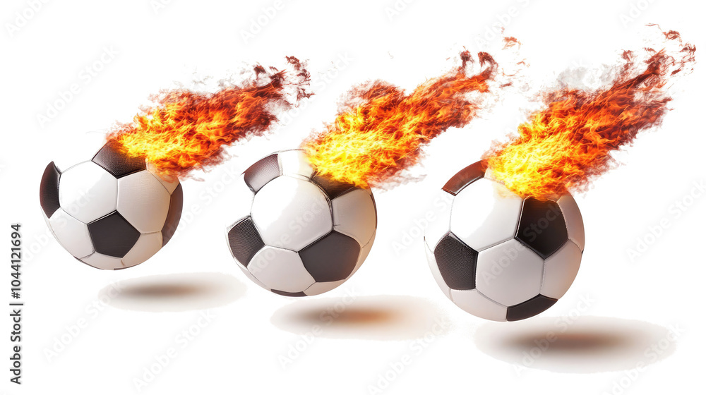 Poster flying soccer balls on fire creating a dynamic sports display generative ai