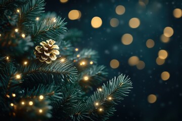 Fototapeta premium Christmas pine branches with golden string lights