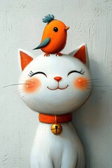 Obraz premium A cheerful white cat with a bright orange bird perched on its head, showcasing a playful bond. The vibrant colors and whimsical expressions evoke joy and friendship.