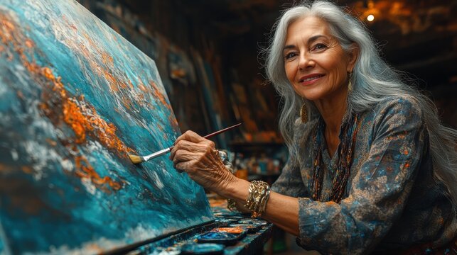 An older woman joyfully paints on a textured canvas, immersed in her creative process within a warmly lit, art-filled studio.