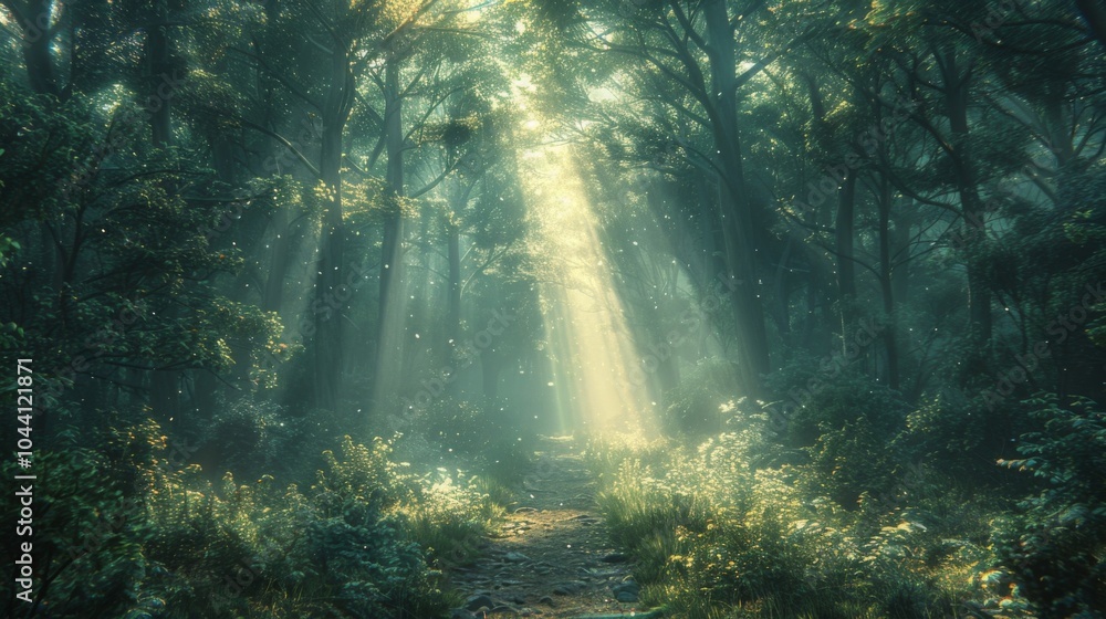 Poster in a misty forest a beam of sunlight breaks through the dense canopy illuminating a path towards enl
