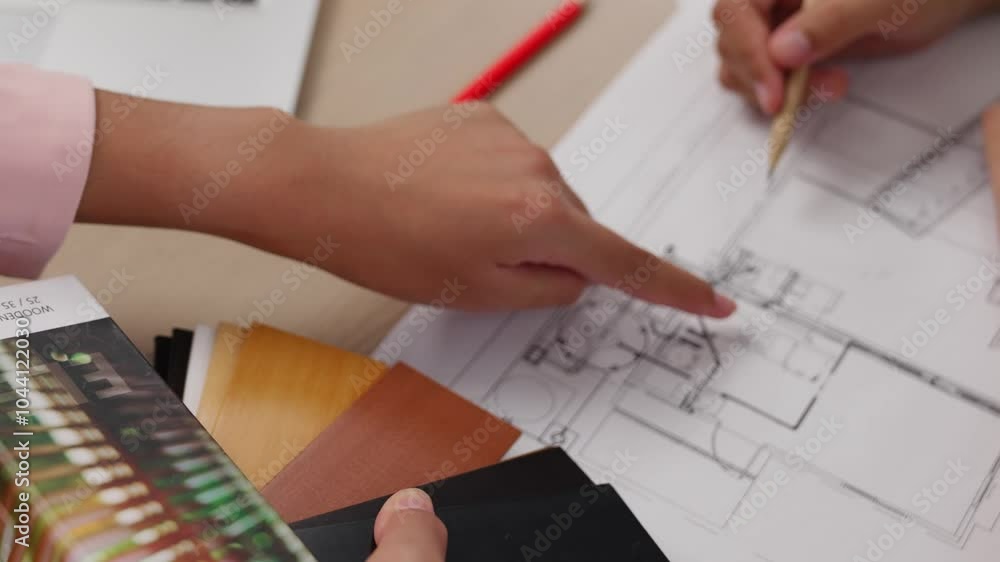 Poster slow motion interior designer using architectural equipment draw a blueprint while interior designer