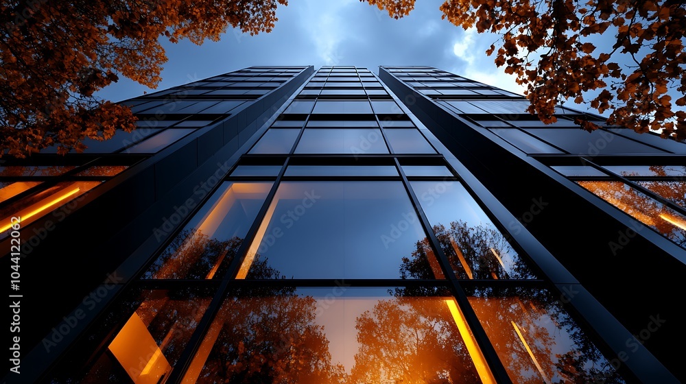 Poster low angle view of a modern glass skyscraper against a cloudy sky with trees in the foreground.