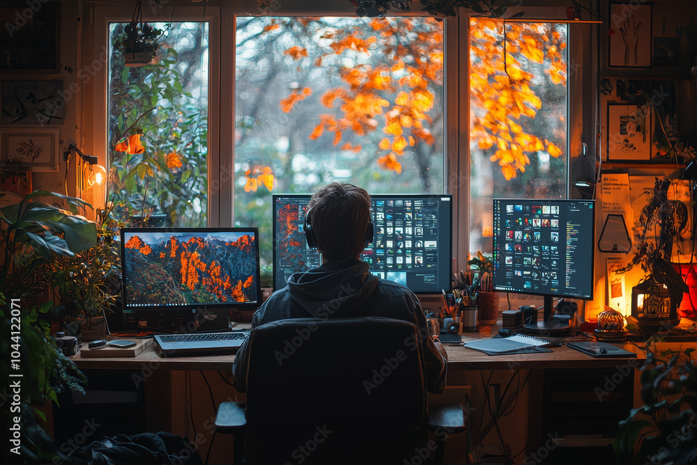 Poster an employee setting up a dedicated workspace at home, creating an environment that promotes focus an