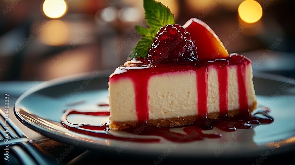 Poster a slice of cheesecake with raspberry sauce and a mint leaf.