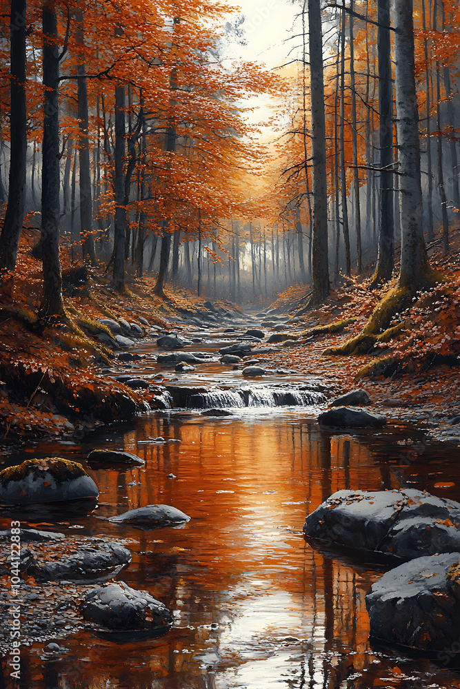Poster a serene forest scene with autumn leaves reflecting in small stream, creating tranquil atmosphere. v
