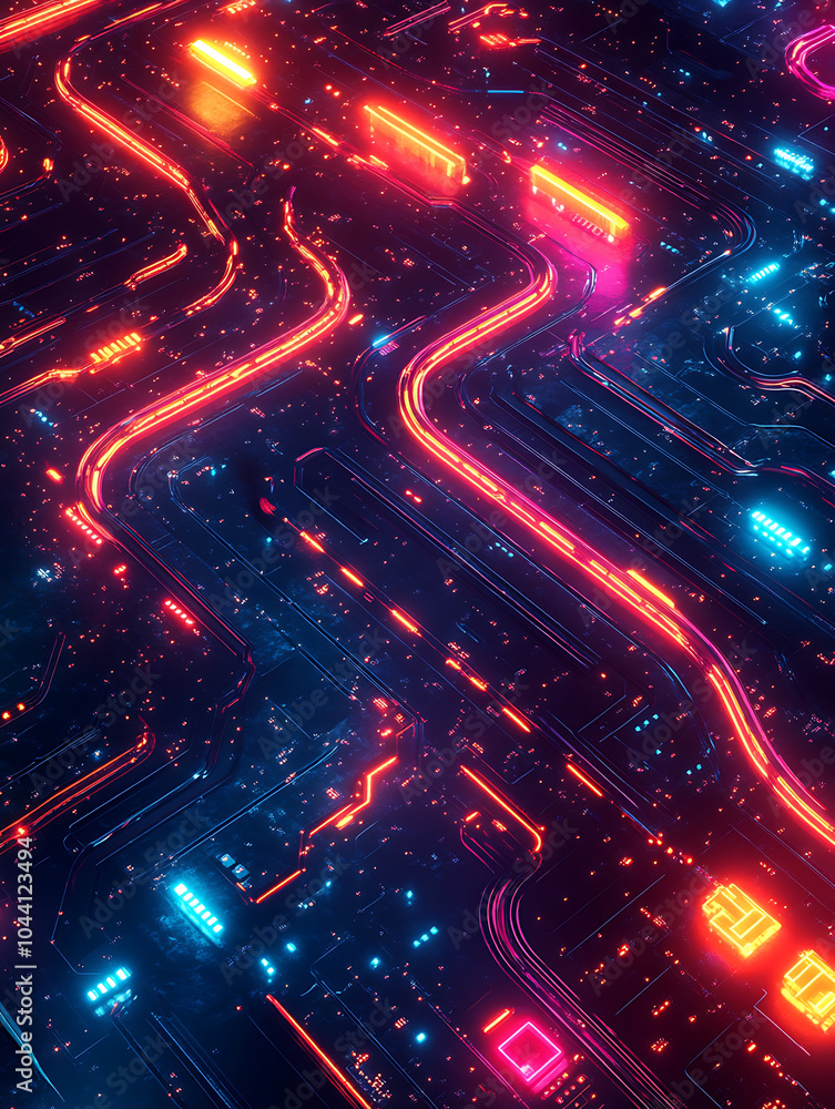 Poster a vibrant top down view of an endless runner environment, showcasing glowing neon pathways and intri