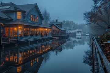 Fototapeta premium Tranquil Misty Evening by the Water: Charming Houses Reflecting in Calm Waters