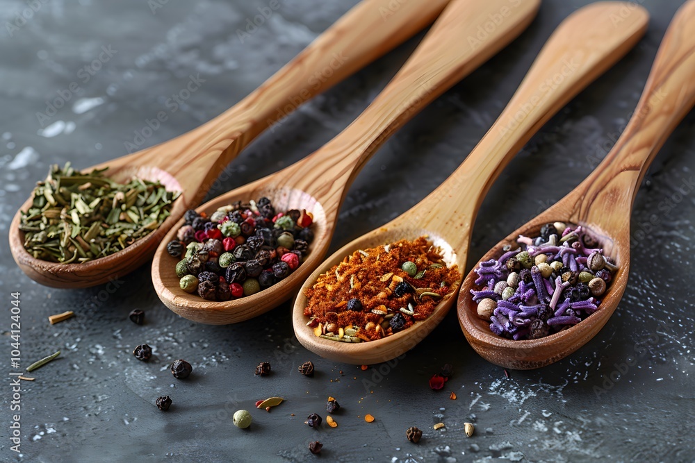 Poster a colorful array of spices and herbs in wooden spoons