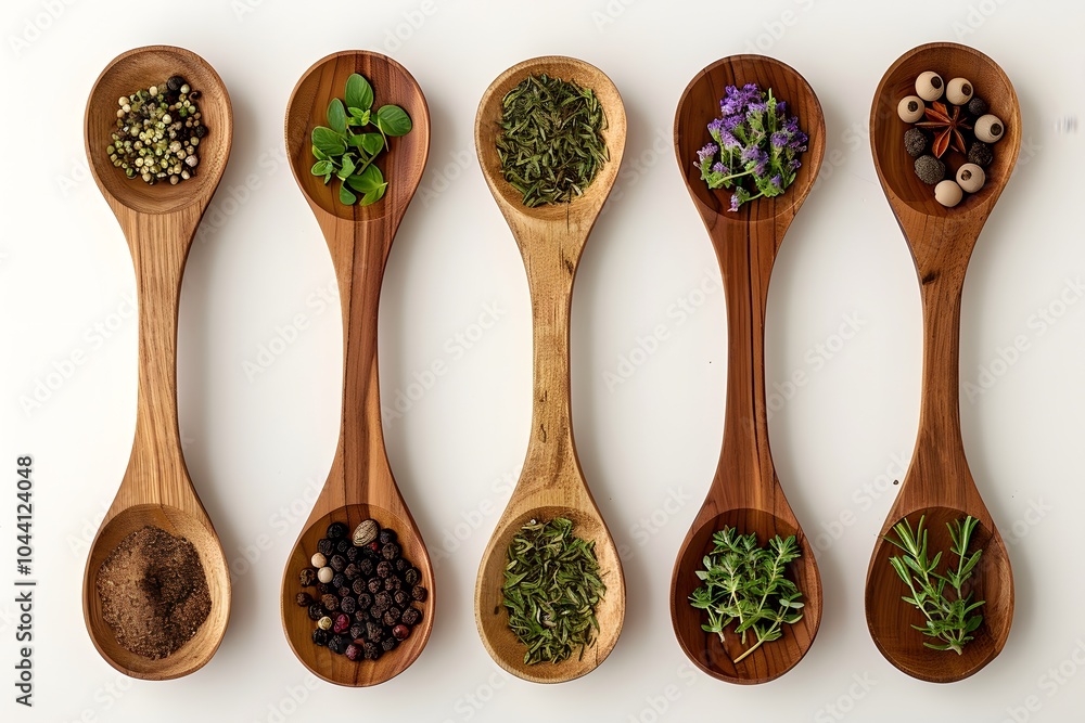 Poster a colorful array of spices and herbs in wooden spoons