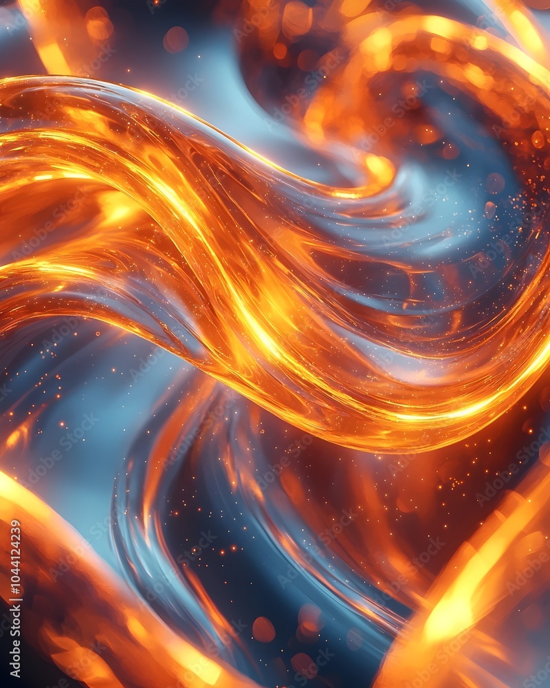 Poster a mesmerizing abstract pattern of swirling orange and blue waves, reflecting light with a dynamic an