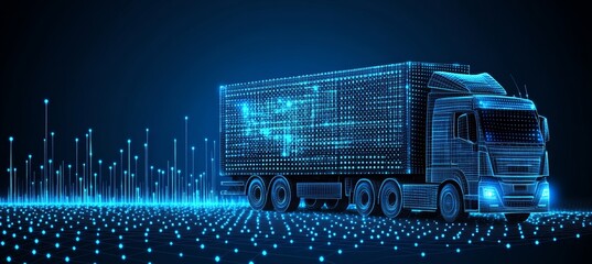 Digital Truck On Blue Technology Background. Abstract Freight Transport Icon With Connected Dots