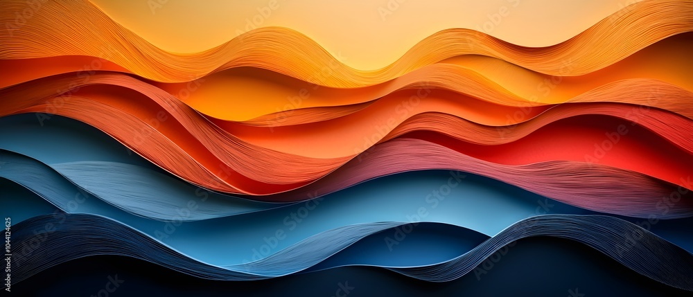 Poster A stunning abstract design featuring flowing waves of vibrant orange, red, and blue, creating a dynamic sense of movement and depth in a warm color palette.