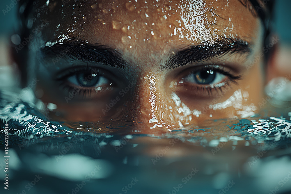 Poster a swimmer practicing in the pool, focusing on technique and endurance as part of their training regi