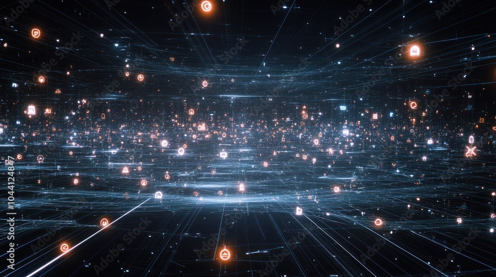 Poster abstract digital landscape with glowing nodes and lines representing data flow.