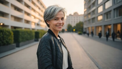 Fototapeta premium Confident middle-aged woman with short gray hair smiling while walking on a stylish urban street 