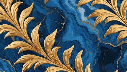 Luxurious blue and gold marble pattern with intricate leaf designs for elegant backgrounds
