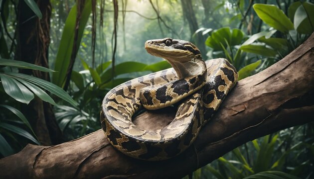 Majestic python snake resting on a tree branch in a lush green rainforest environment
