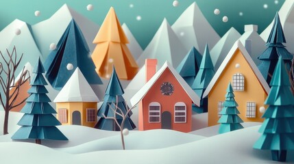 Fototapeta premium Charming paper craft village in snowy winter wonderland with pine trees and houses - winter concept