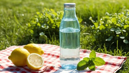 Refreshing lemonade ingredients: water bottle, lemon, and mint on picnic blanket in green grass
