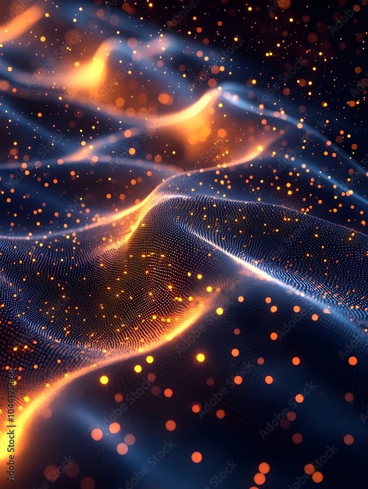 Poster an abstract digital landscape with flowing waves and glowing particles in hues of orange and blue, c