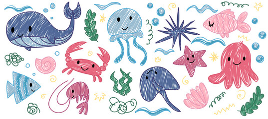 Cute crayon water animal set, cute baby animal illustration, kids doodle scribbles with whale, star, fish, crab, jellyfish naive wax crayon art. Vector Cartoon hand drawn childish sketches.