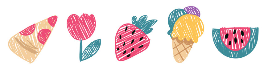 Doodle crayon icon set, naive wax crayon art, kids doodle scribbles with pizza, flower, ice cream, watermelon. Vector Cartoon-hand drawn childish sketches.