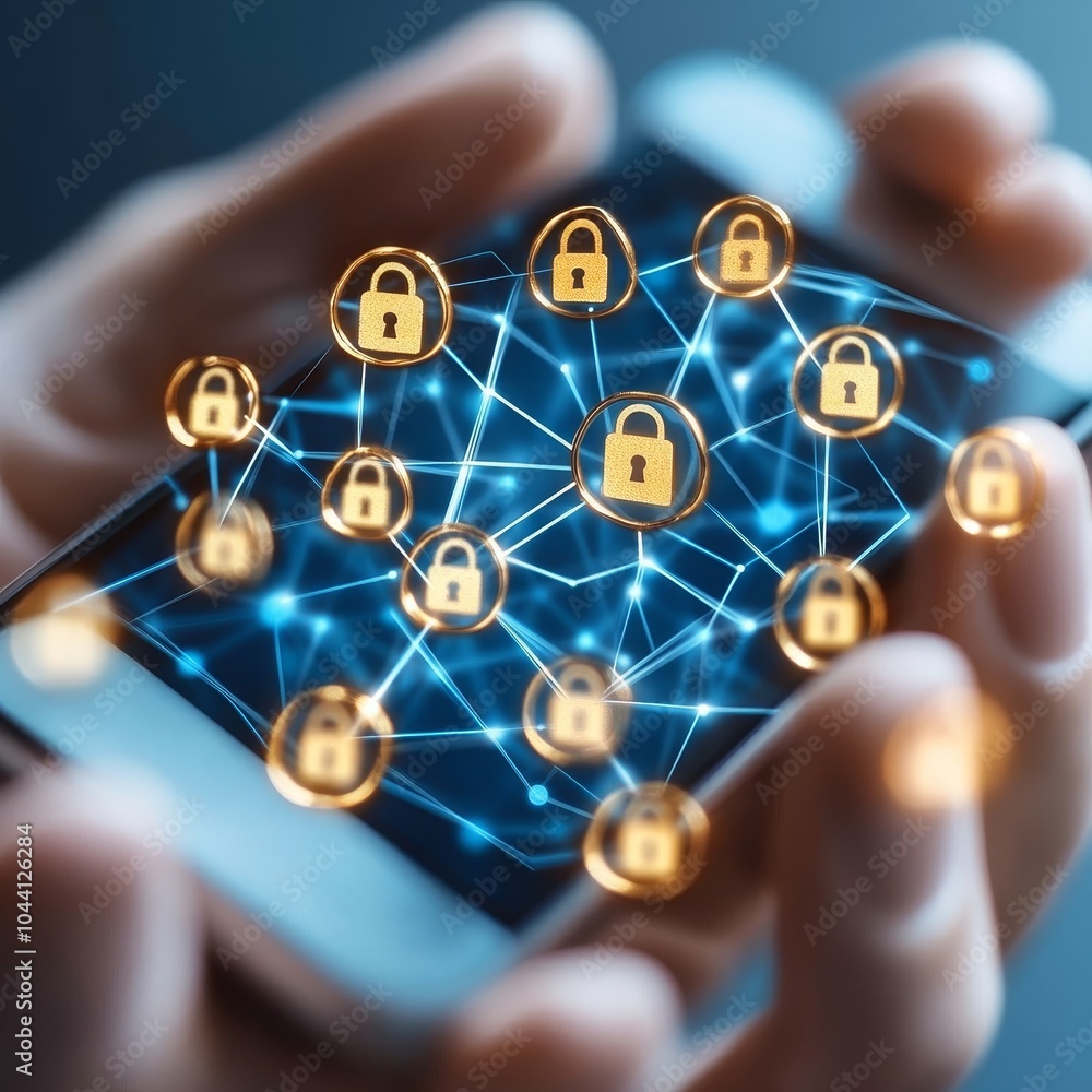 Poster mobile phone security network, data protection visualized with digital padlocks and glowing network