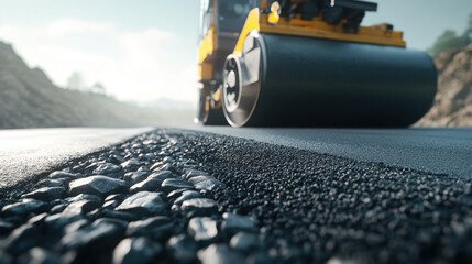 road paving machine is working on grey toned asphalt surface, creating smooth finish. scene captures machinery in action, highlighting texture of road and surrounding landscape