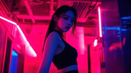 Kpop dancer, black crop top, pink neon lights behind her, bokeh