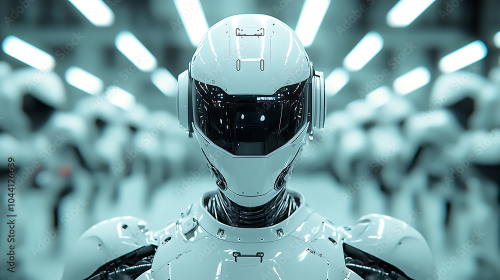 Poster a futuristic robot stands prominently in high tech environment, showcasing advanced design and techn