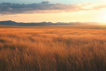 A serene steppe landscape bathed in golden hues