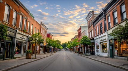 Charming street view at sunset with colorful storefronts