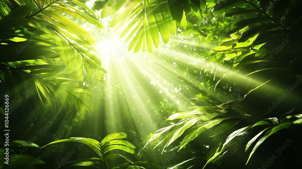 Poster sunlight filters through dense rainforest leaves, illuminating greenery and creating a tranquil atmo