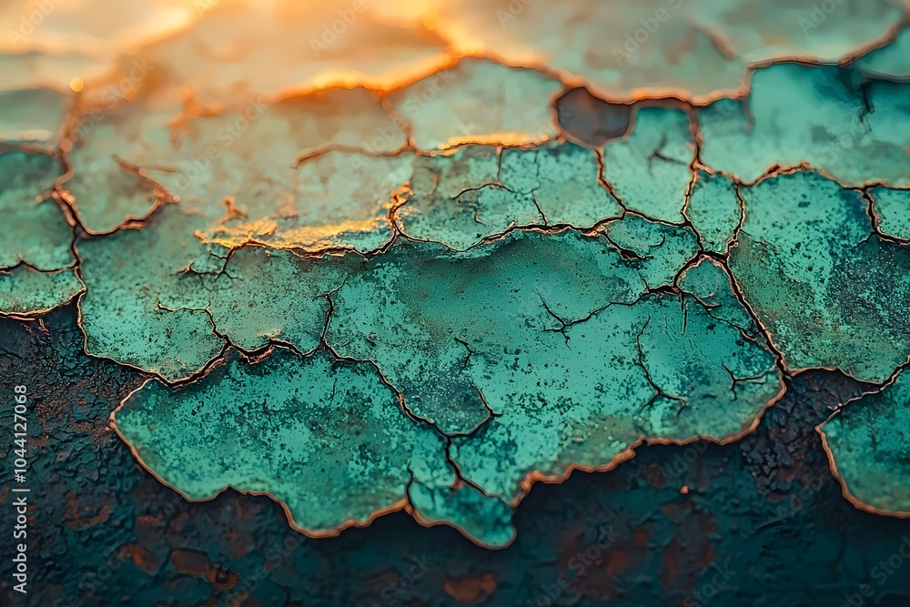 Poster close-up of weathered teal paint, with intricate cracks and peeling layers highlighted by warm sunli