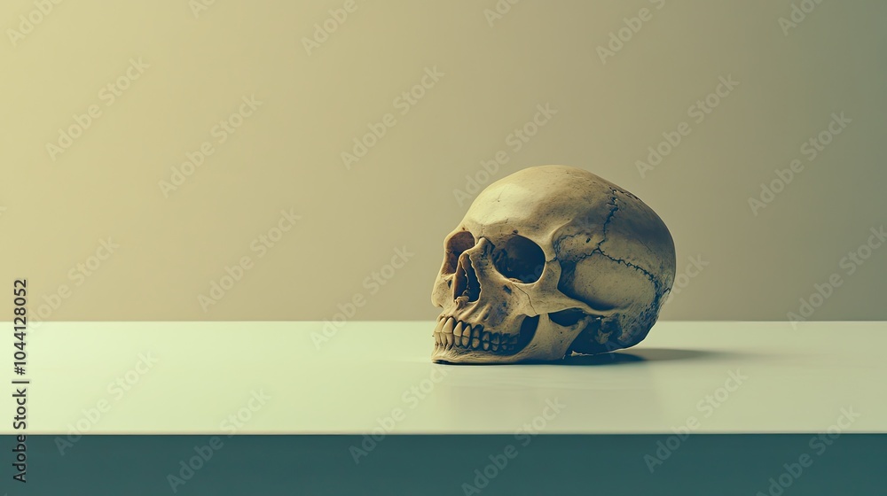 Poster skull on a table against a solid background