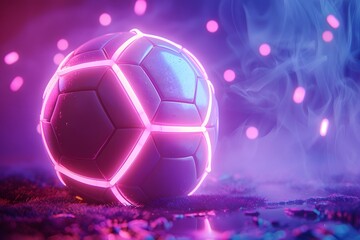 Naklejka premium Futuristic Neon Soccer Ball Surrounded by Colorful Mist