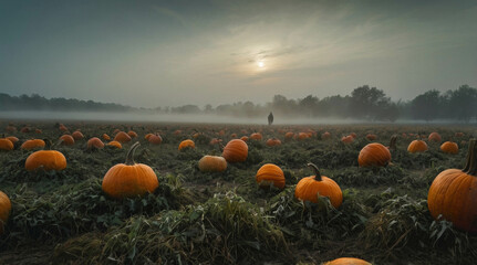 a surreal, atmospheric landscape featuring a misty pumpkin field at dawn or dusk