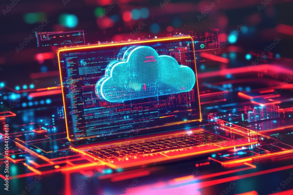 Poster a digital illustration of cloud computing with icons and data, on top of an open laptop computer scr