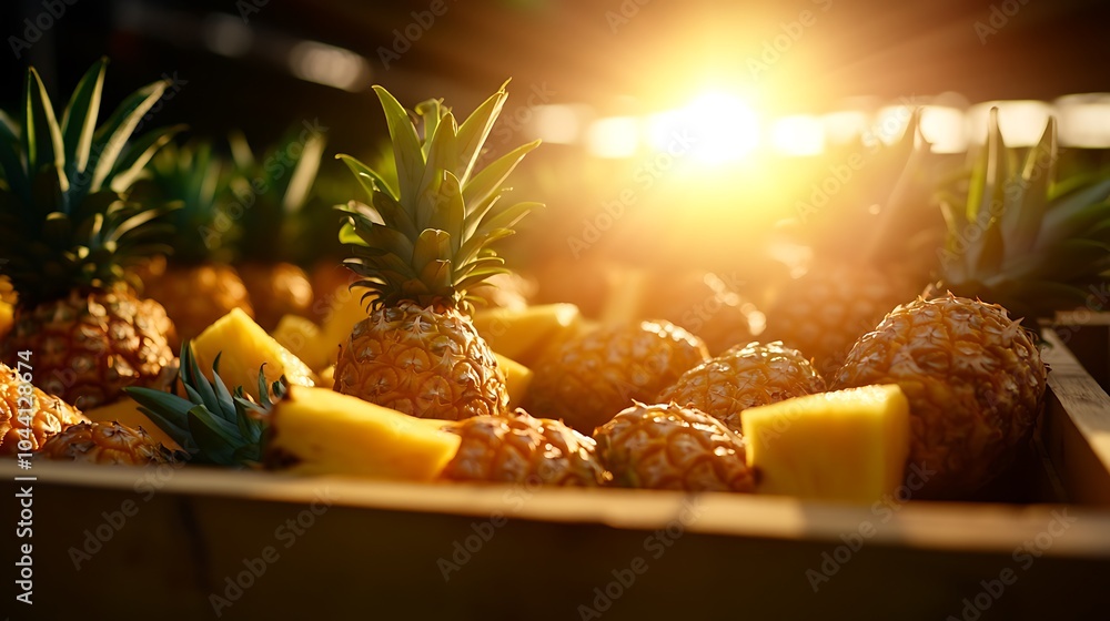 Poster fresh pineapples in a wooden crate with some cut into slices, bathed in the warm glow of the setting