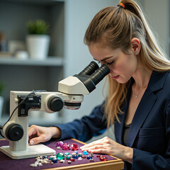 A female gemologist closely examines gemstones under a microscope in a professional setting. Ideal for themes of gemology, jewelry analysis, and scientific research related to precious stones.
