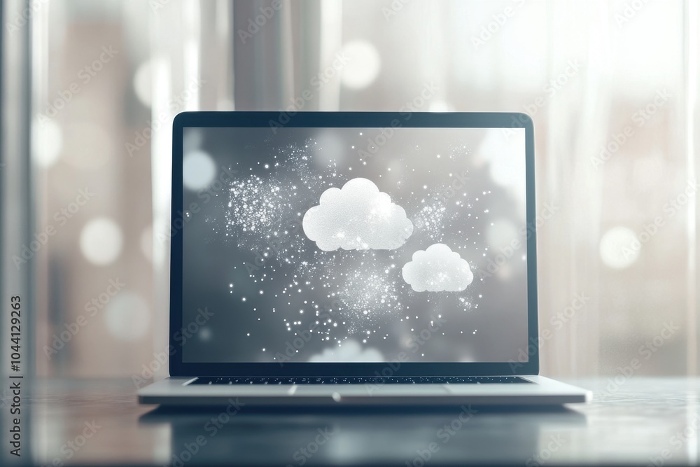 Poster a laptop with cloud technology icons floating above it, symbolizing the concept of online and virtua