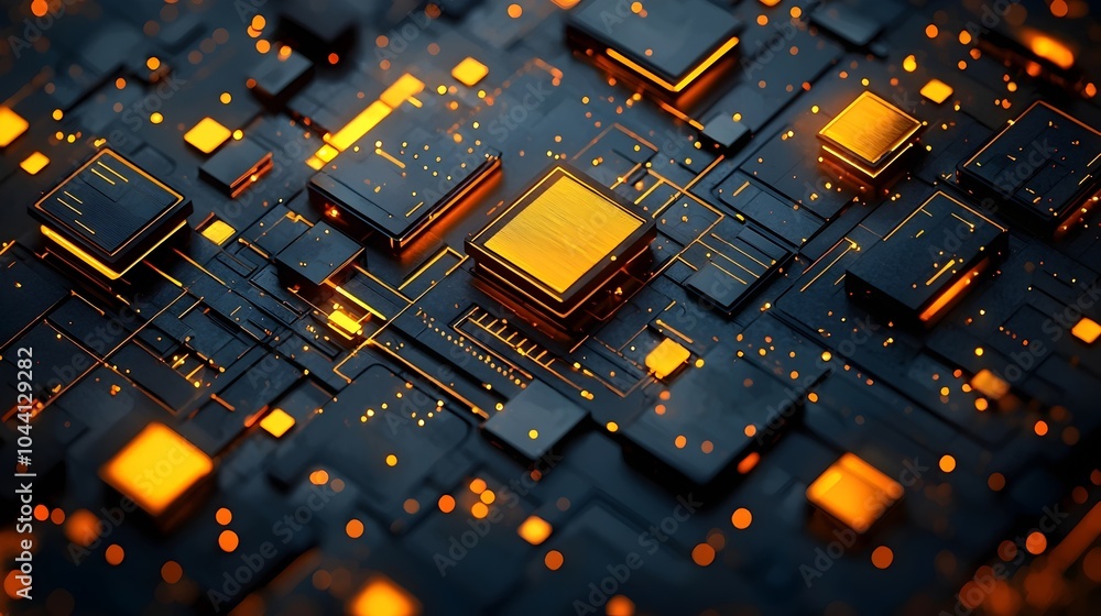Poster a close-up of a futuristic circuit board with glowing orange and gold elements, set against a deep b