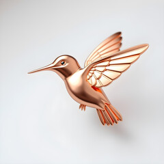 Obraz premium Hummingbird metallic 3D image of rose gold hummingbird on white background. Generative AI