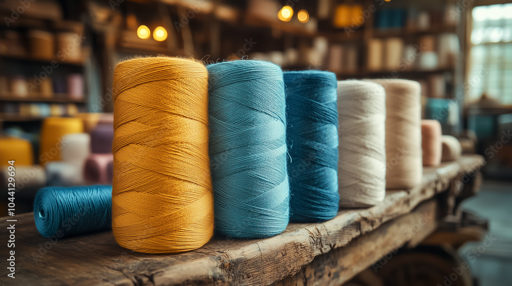 Poster brightly colored threads and fabrics are organized on a wooden table in a lively textile workshop se