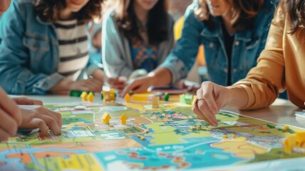 Fototapeta premium Engaging game night with friends playing colorful board games,promoting Buy Nothing Day principles,