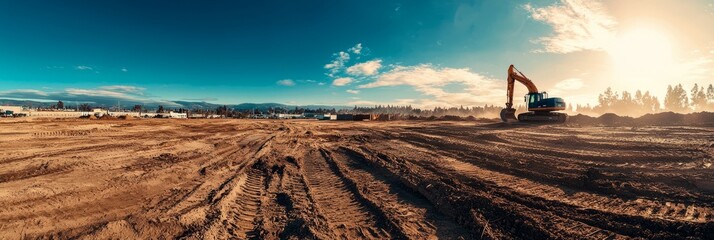 Excavator on a construction site with a bright blue sky.