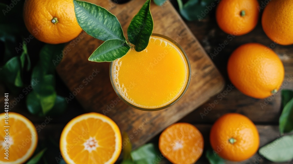 Poster a glass of freshly squeezed orange juice topped with green leaves, surrounded by whole and halved or