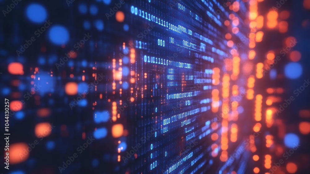 Aufkleber abstract digital visualization with glowing data streams in blue and orange hues.