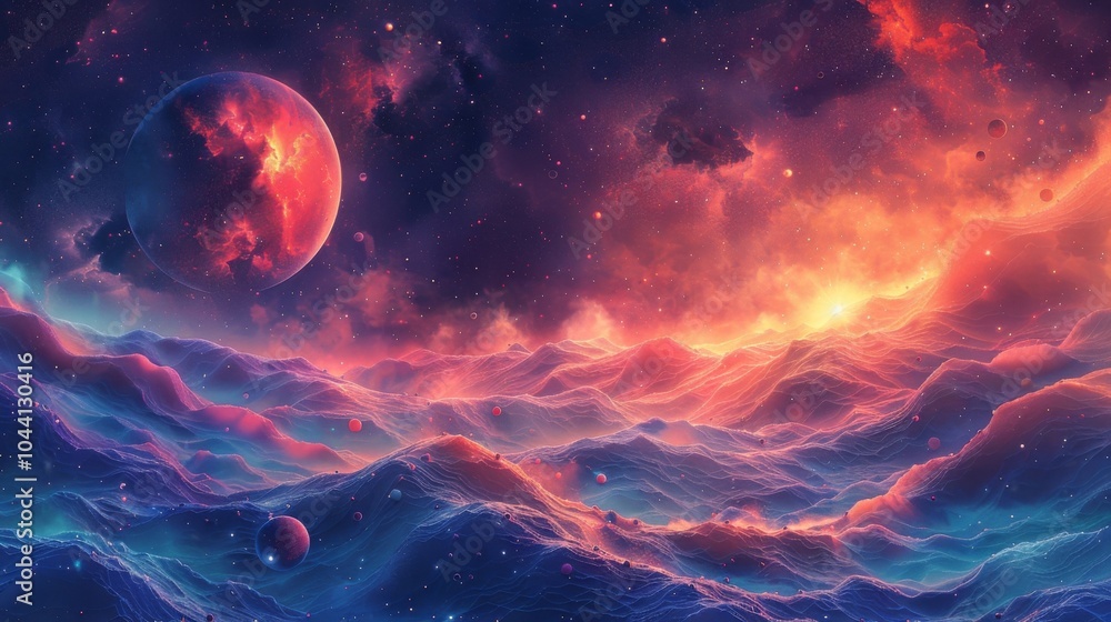 Aufkleber a dreamy scene of floating planets interwoven with psychedelic colors and shapes representing the ex